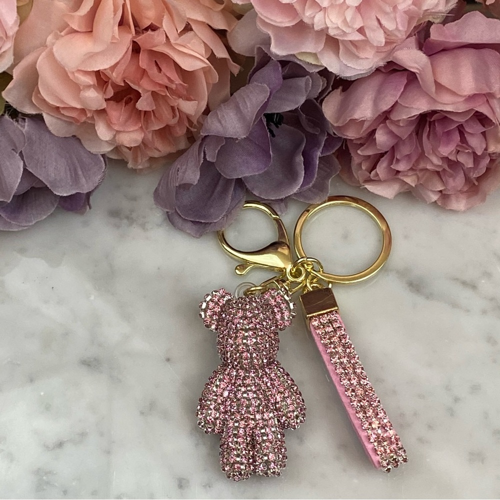 Pink Crystal & Leather Strap Bear Keychain